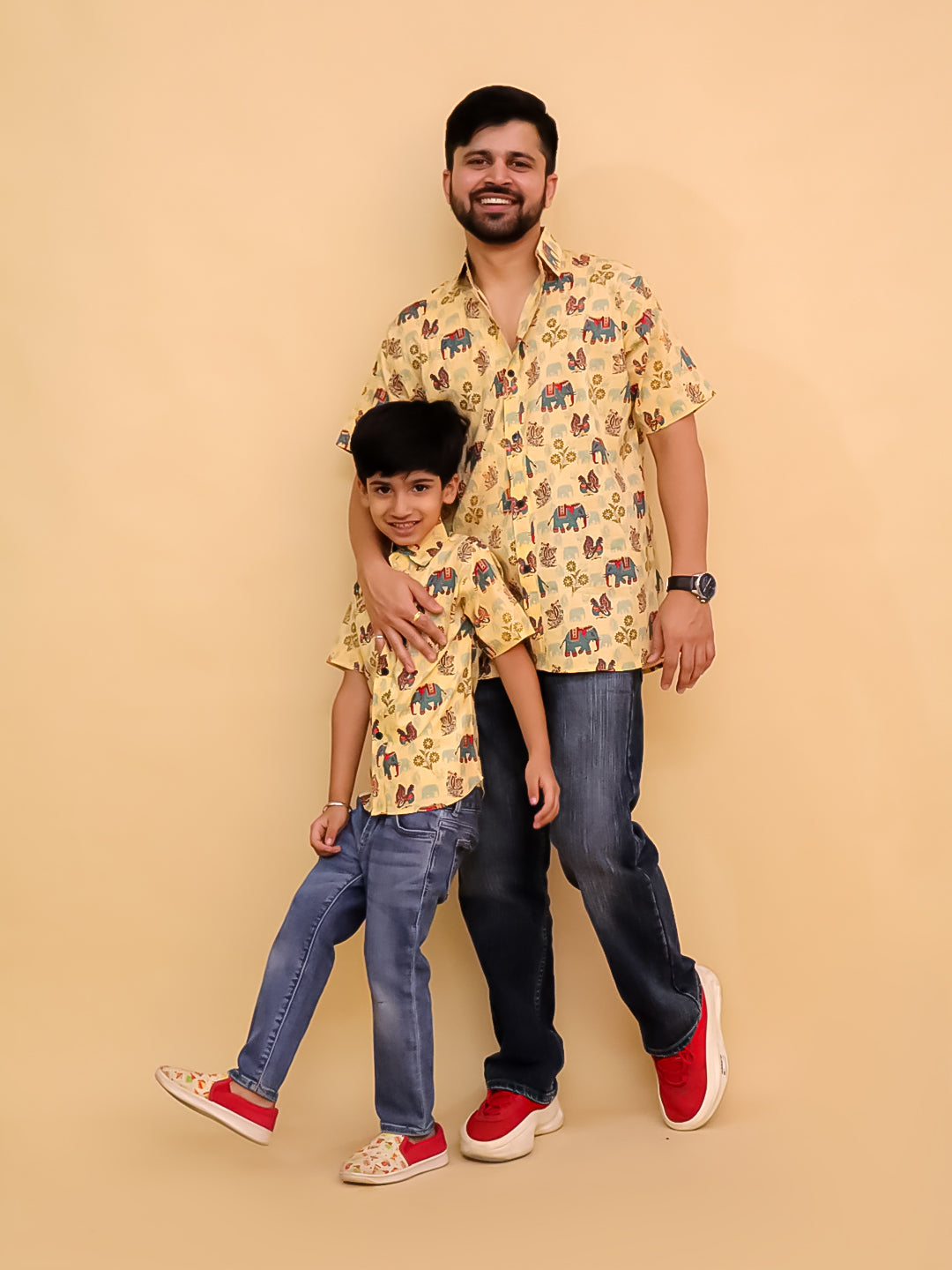 Twinning Combo-Teal-a-Trunk Elephant Print Men's Shirt and Boys Shirt
