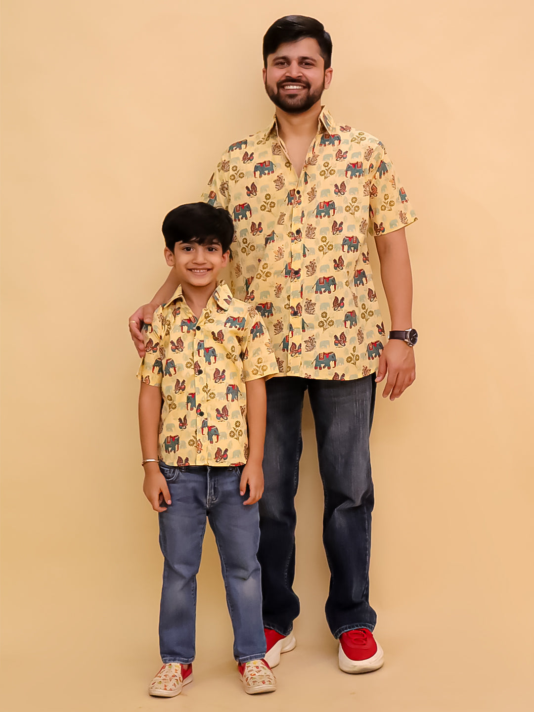 Twinning Combo-Teal-a-Trunk Elephant Print Men's Shirt and Boys Shirt