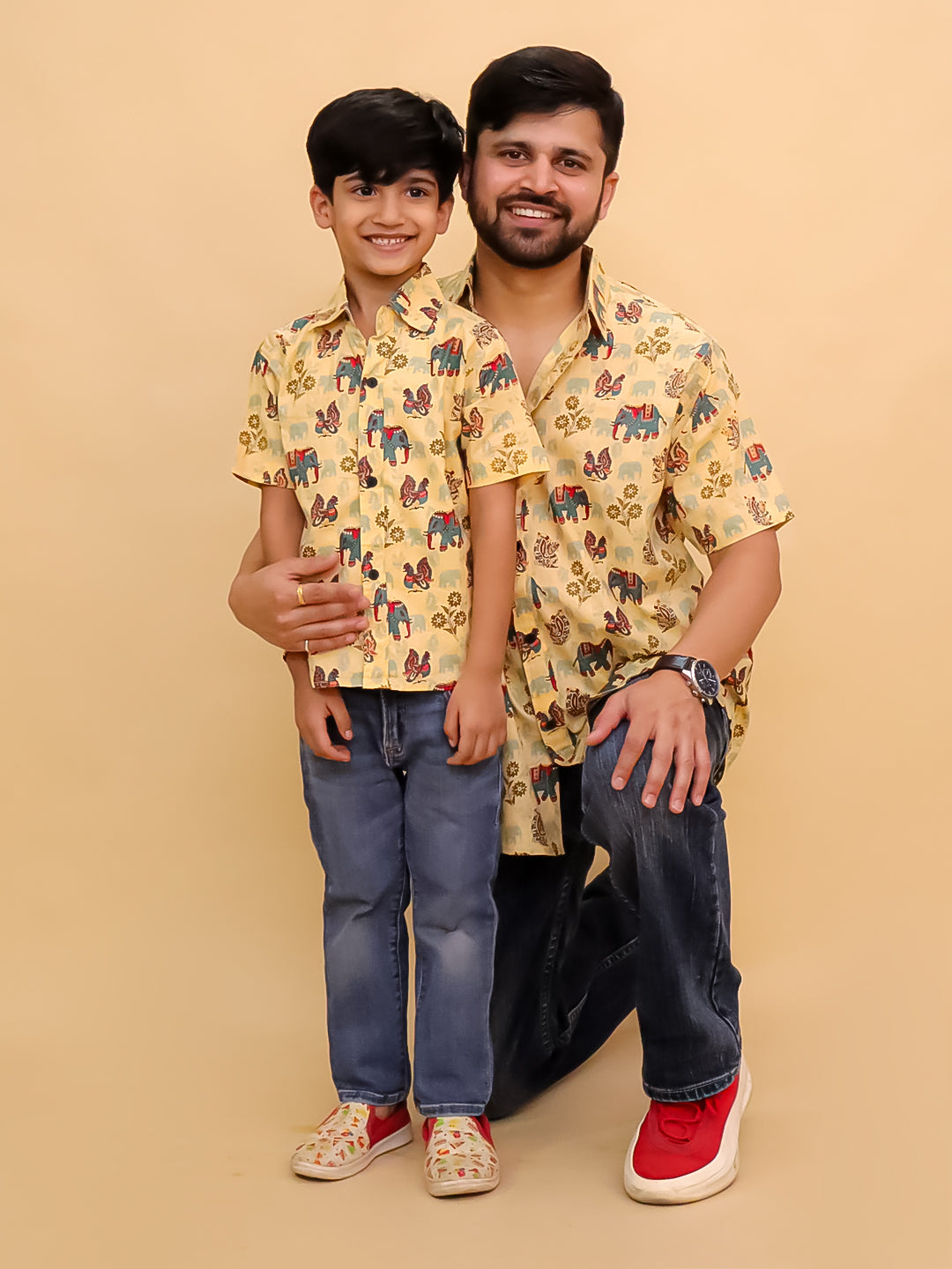 Twinning Combo-Teal-a-Trunk Elephant Print Men's Shirt and Boys Shirt