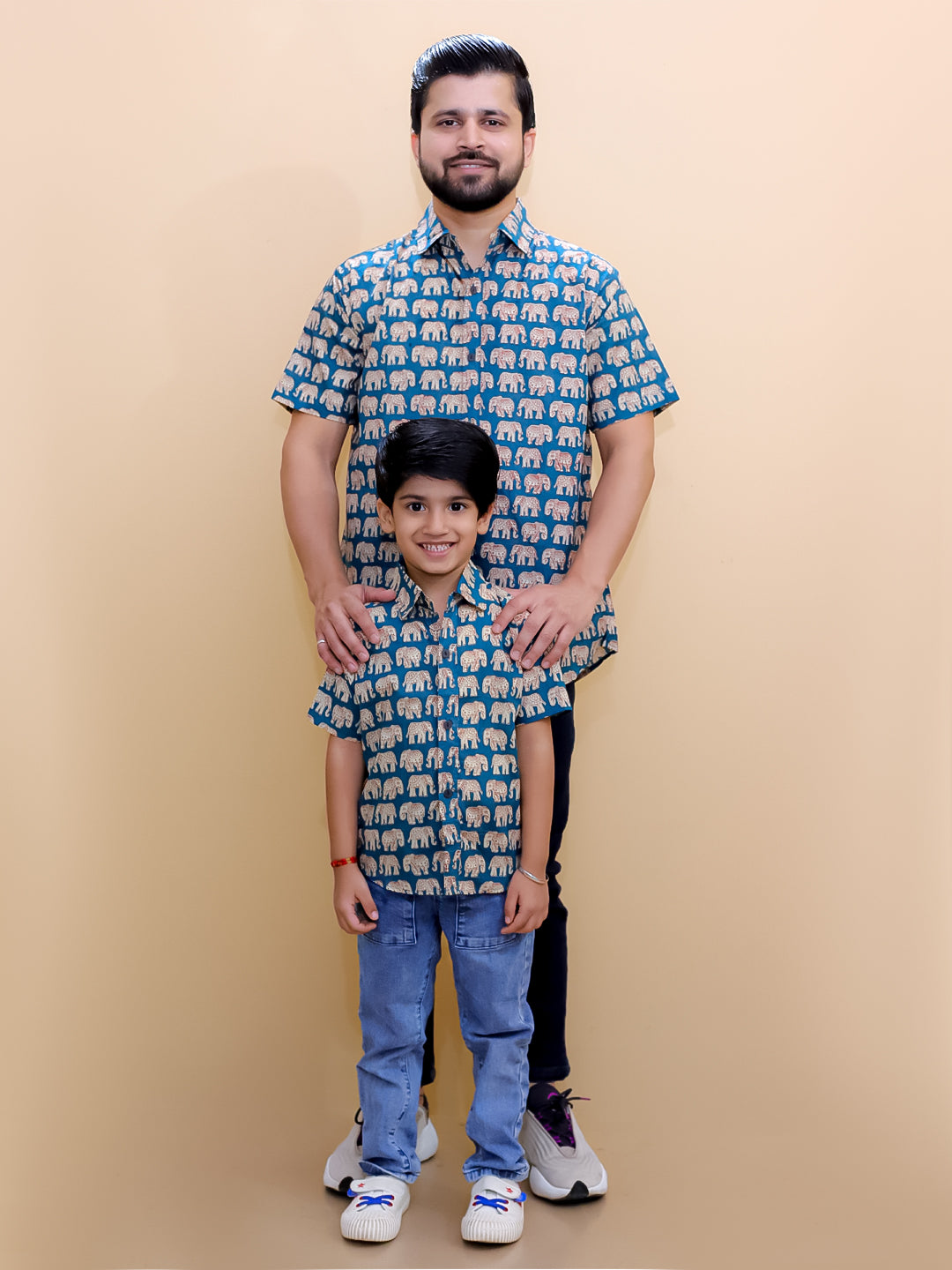 Twinning Combo-Teal Elephant Print Mens Shirt with Teal Elephant Print Boys Shirt