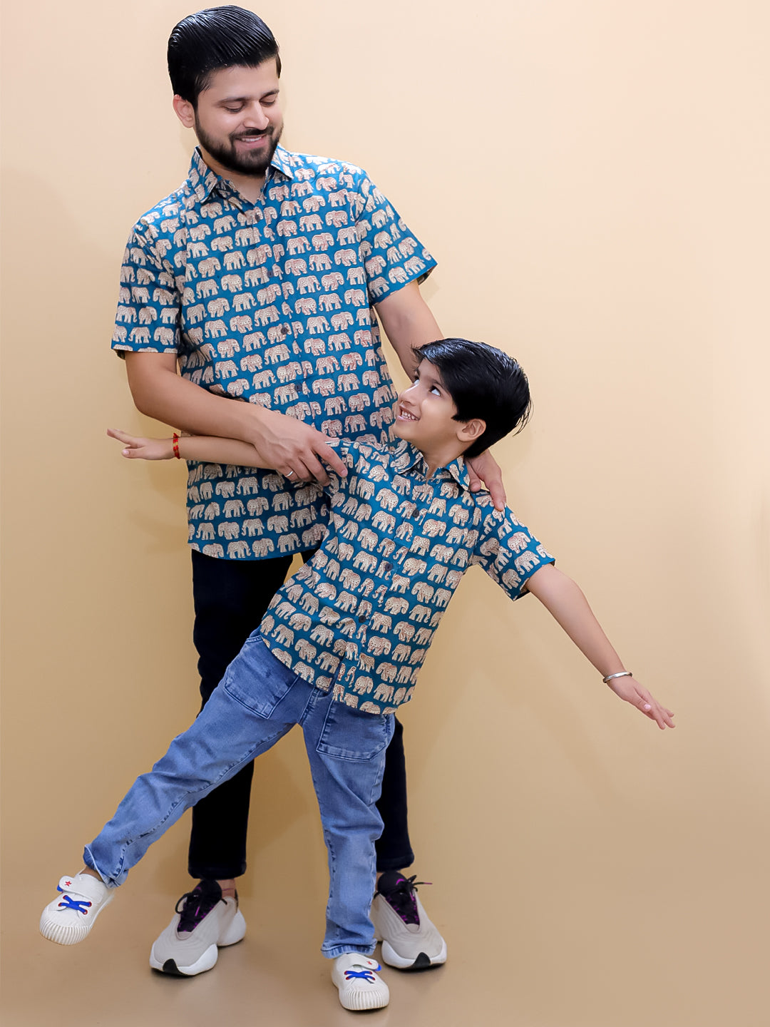 Twinning Combo-Teal Elephant Print Mens Shirt with Teal Elephant Print Boys Shirt