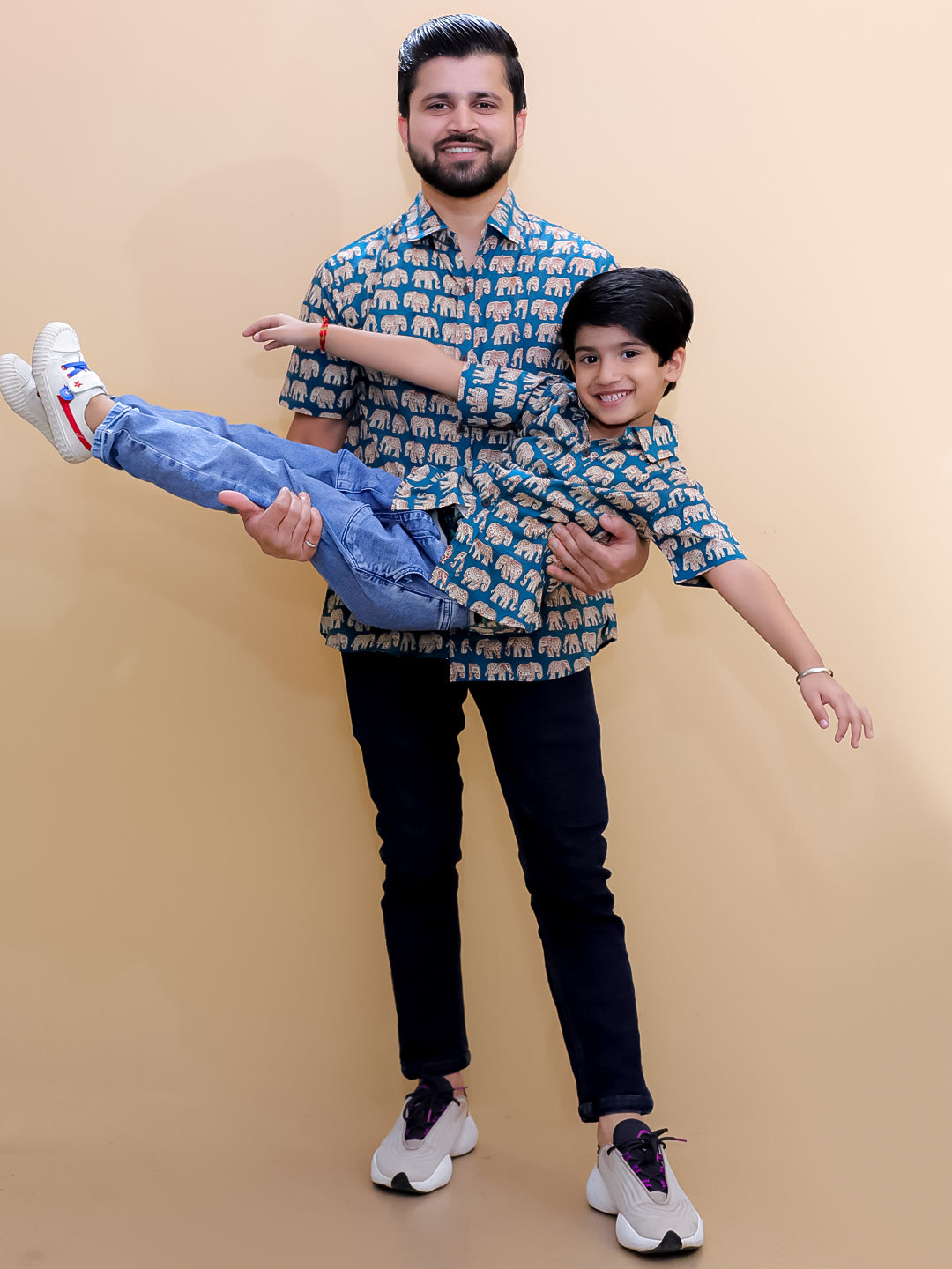 Twinning Combo-Teal Elephant Print Mens Shirt with Teal Elephant Print Boys Shirt