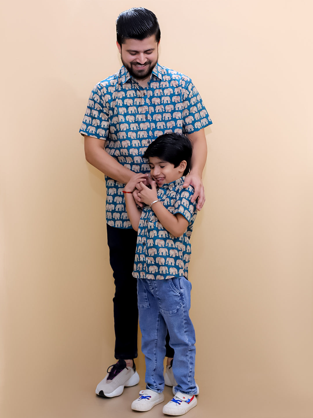 Twinning Combo-Teal Elephant Print Mens Shirt with Teal Elephant Print Boys Shirt