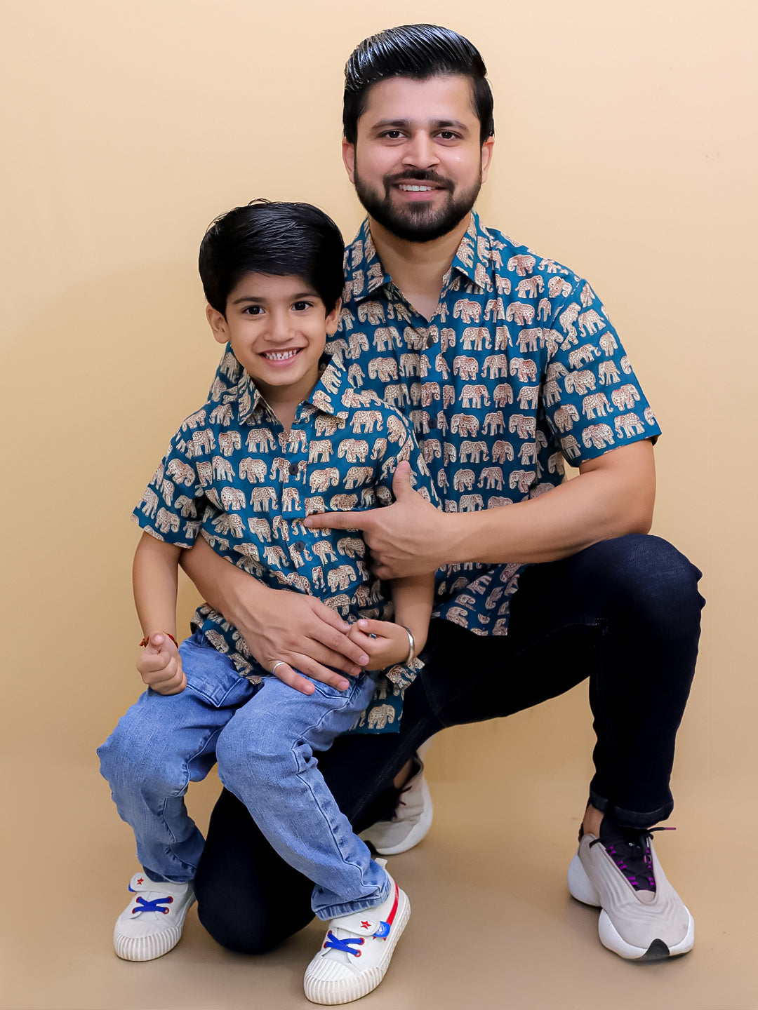 Twinning Combo-Teal Elephant Print Mens Shirt with Teal Elephant Print Boys Shirt