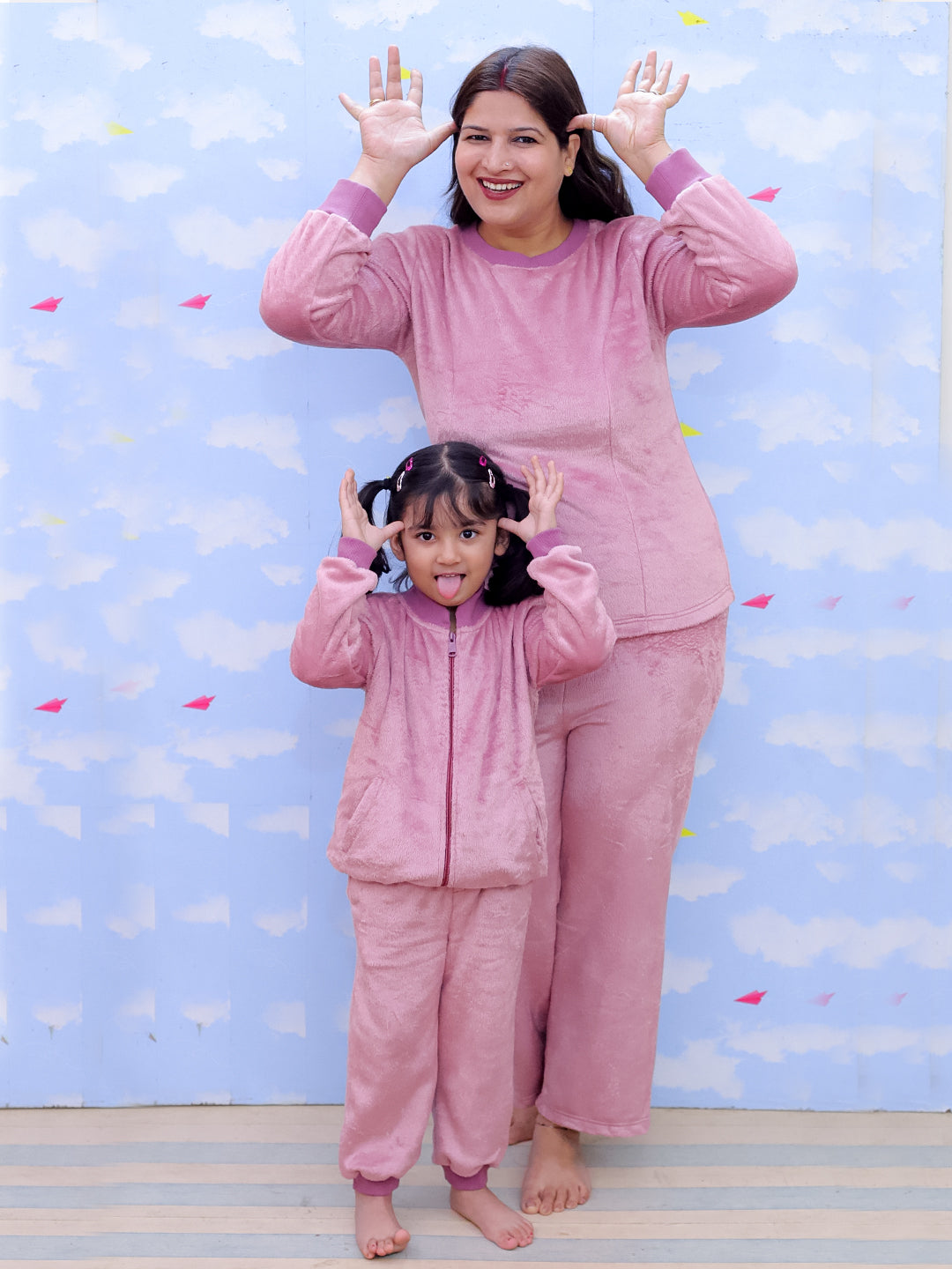 Twinning Combo: Puffin in Pink Womens and Kid Fleece Co-ord Sets