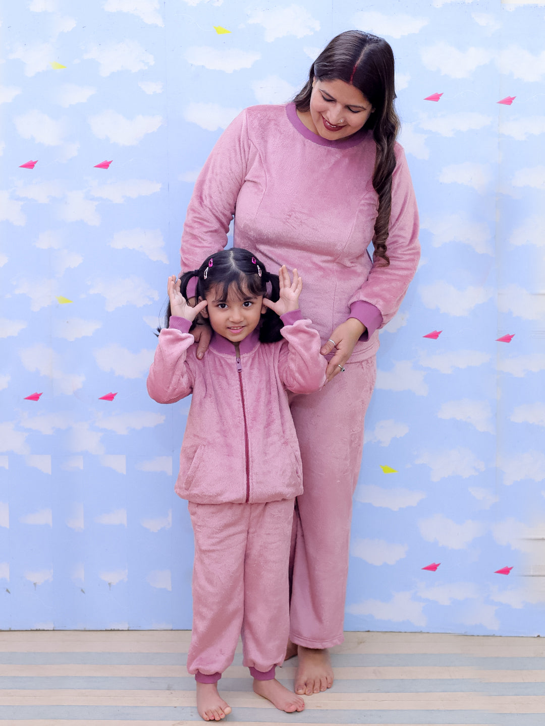 Twinning Combo: Puffin in Pink Womens and Kid Fleece Co-ord Sets