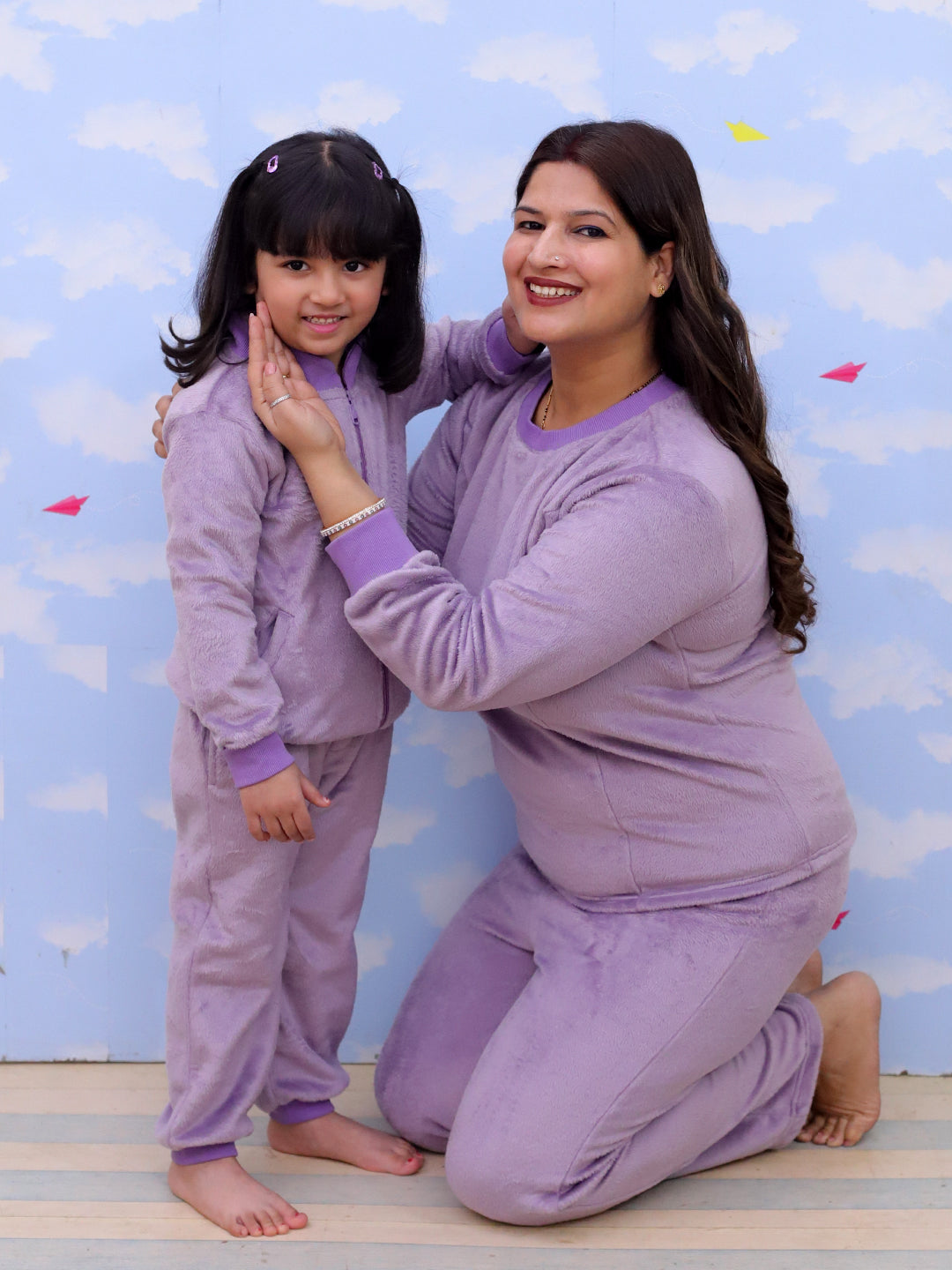 Twinning Combo: Purple Fluffies Womens and Kid Fleece Co-ord Sets