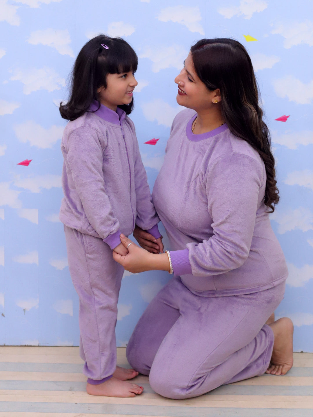 Twinning Combo: Purple Fluffies Womens and Kid Fleece Co-ord Sets