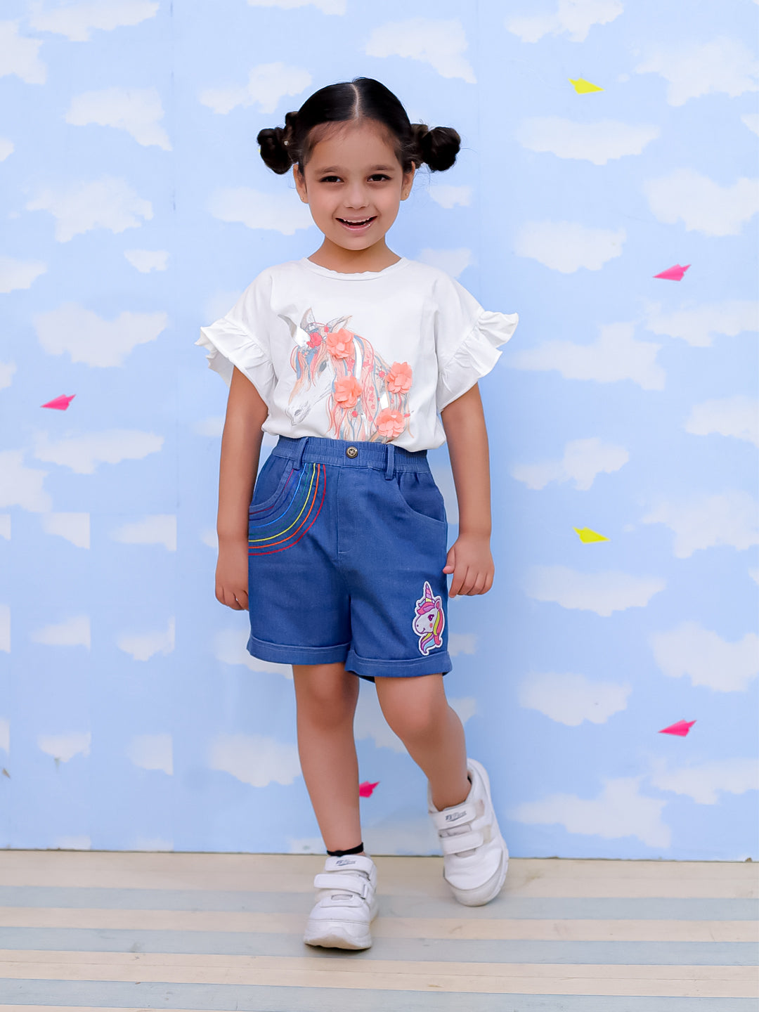 Unicorn Patch Girls Shorts With Embroidery