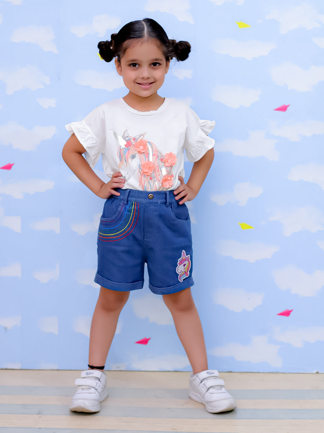 Unicorn Patch Girls Shorts With Embroidery