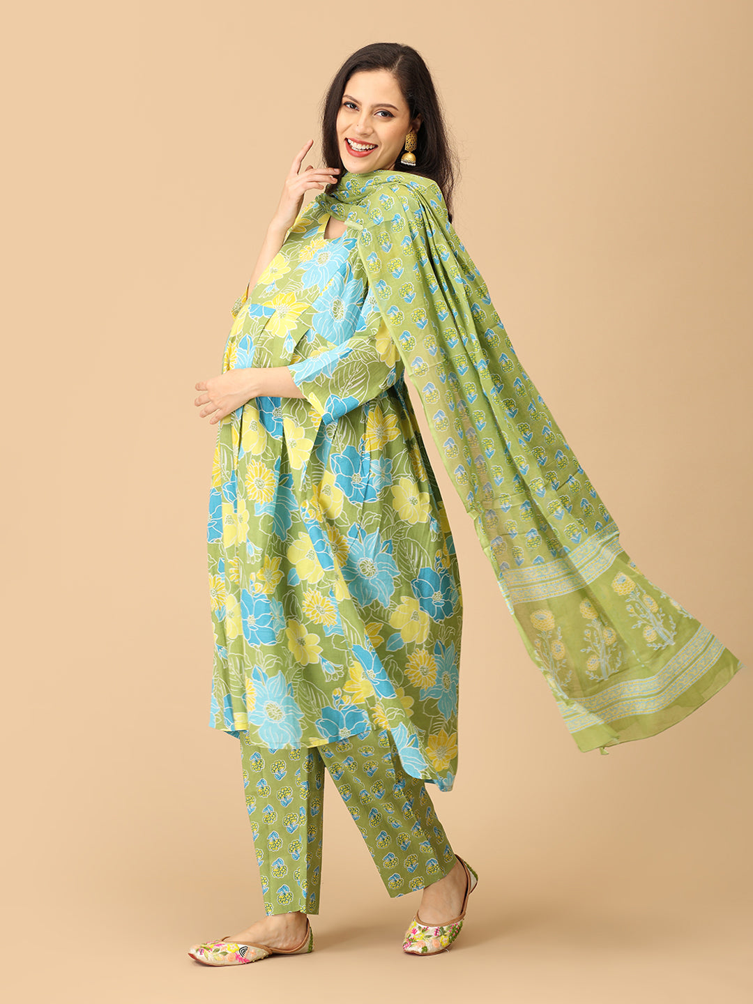 Verdant Ease Maternity and Nursing Kurta Set With Dupatta