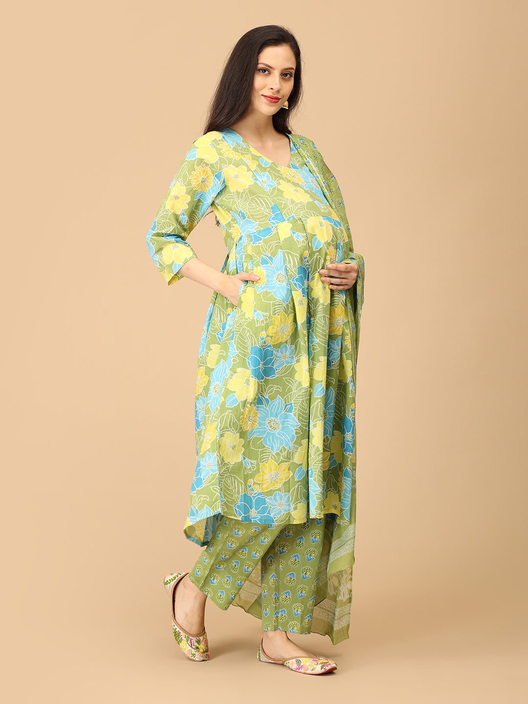 Verdant Ease Maternity and Nursing Kurta Set With Dupatta