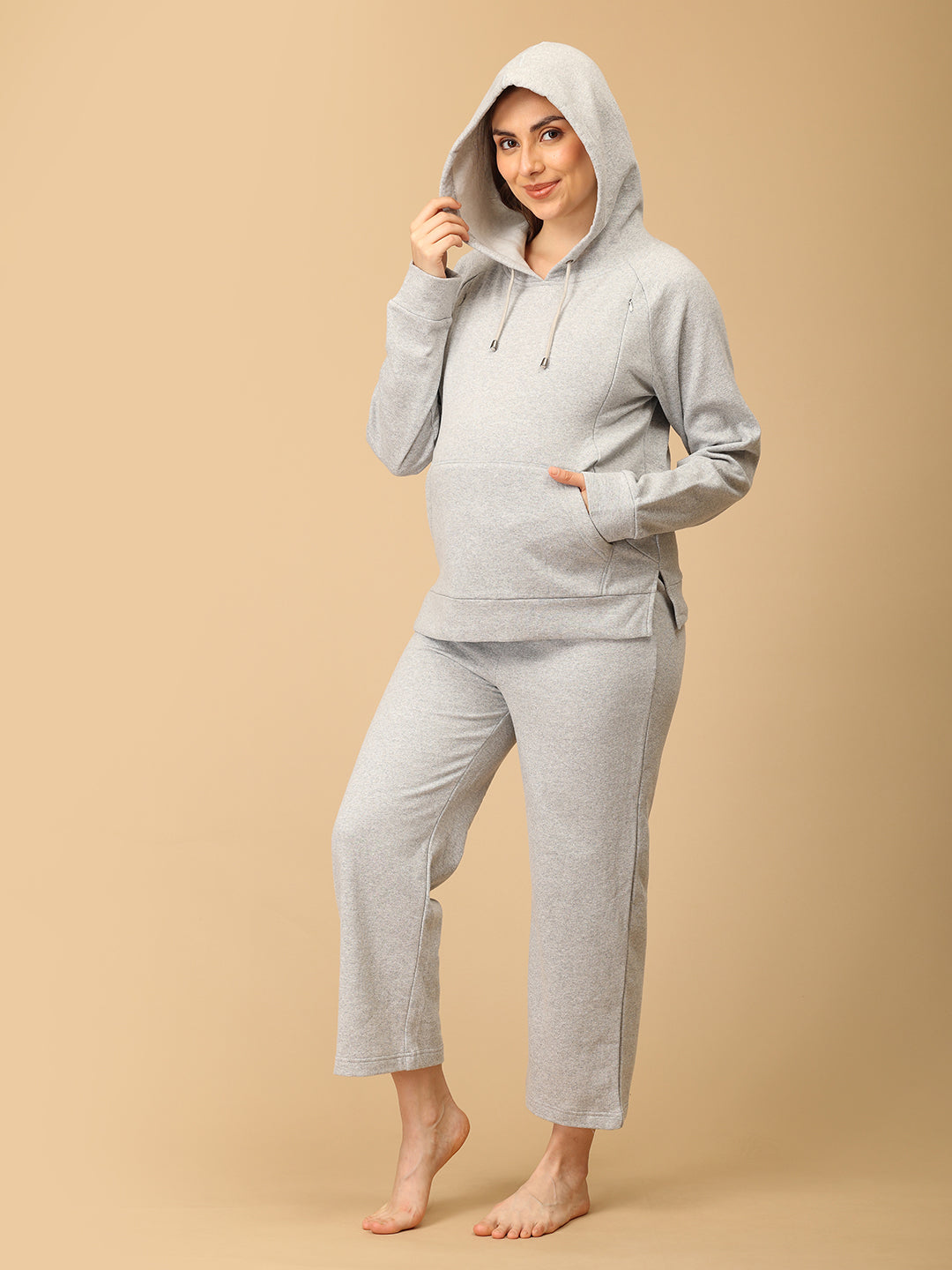 WFH Grey Maternity And Nursing Hoodie Pajama Loungewear Set