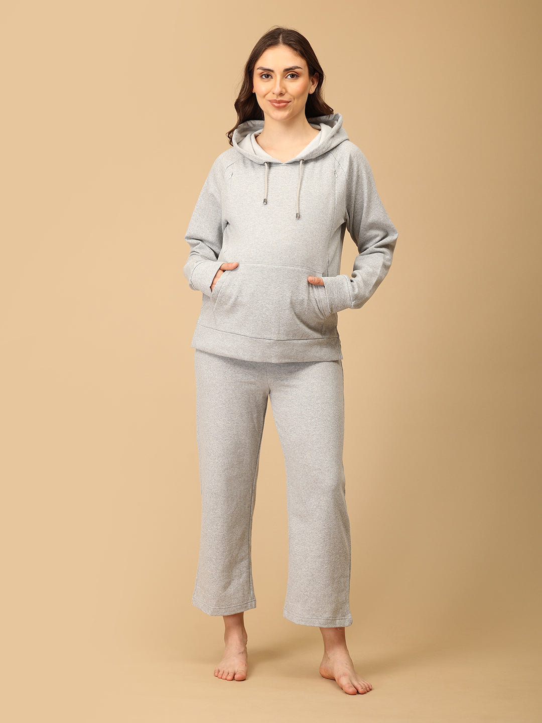 WFH Grey Maternity And Nursing Hoodie Pajama Loungewear Set