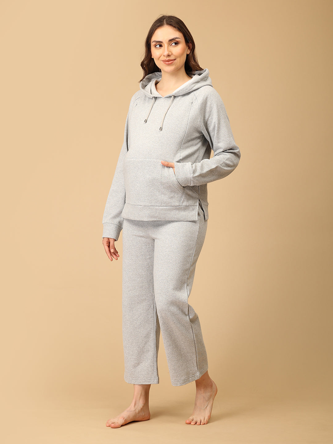 WFH Grey Maternity And Nursing Hoodie Pajama Loungewear Set