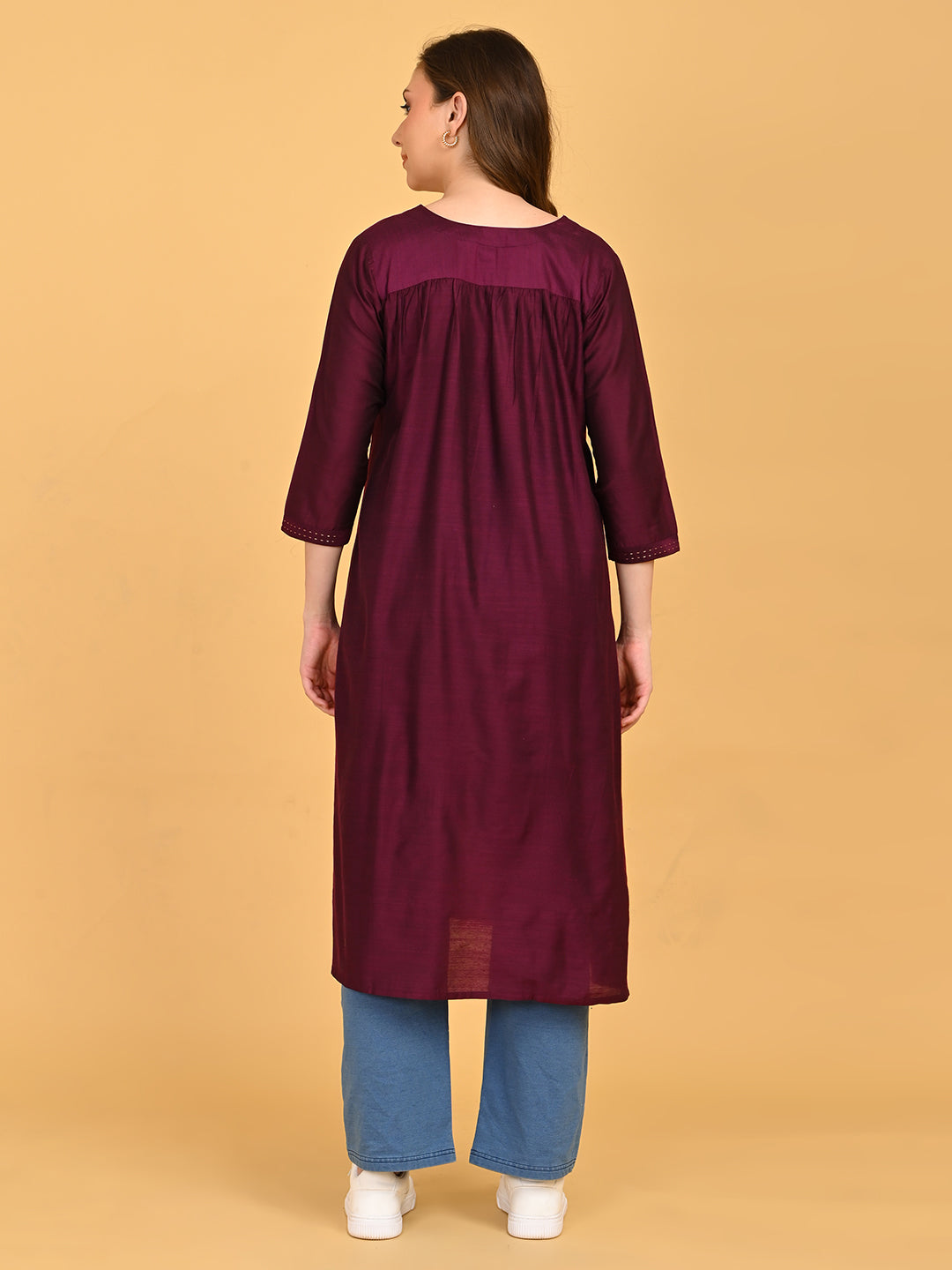 Back view of wine maternity and nursing silk kurta featuring gathered yoke detail.