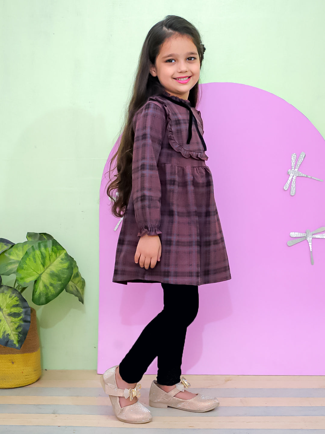 Wine Plaid Flannel Girls Winter Dress