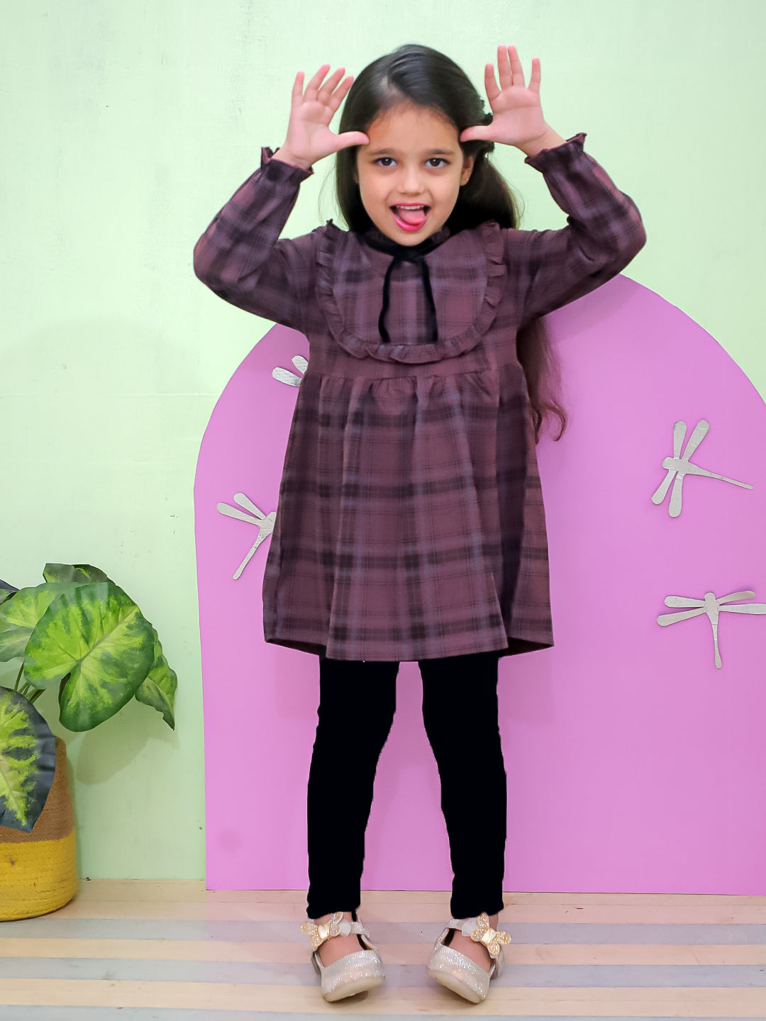 Wine Plaid Flannel Girls Winter Dress