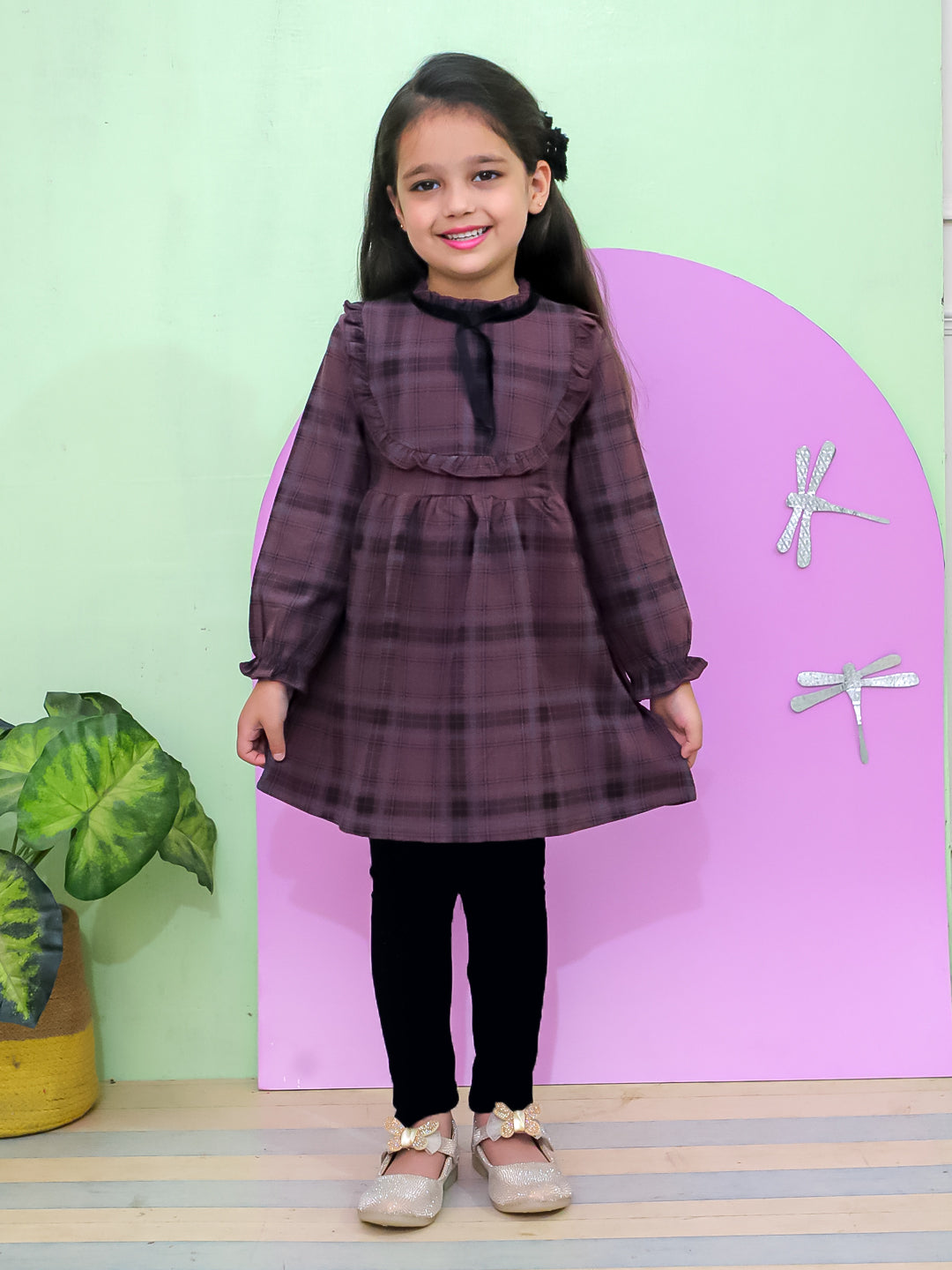 Wine Plaid Flannel Girls Winter Dress