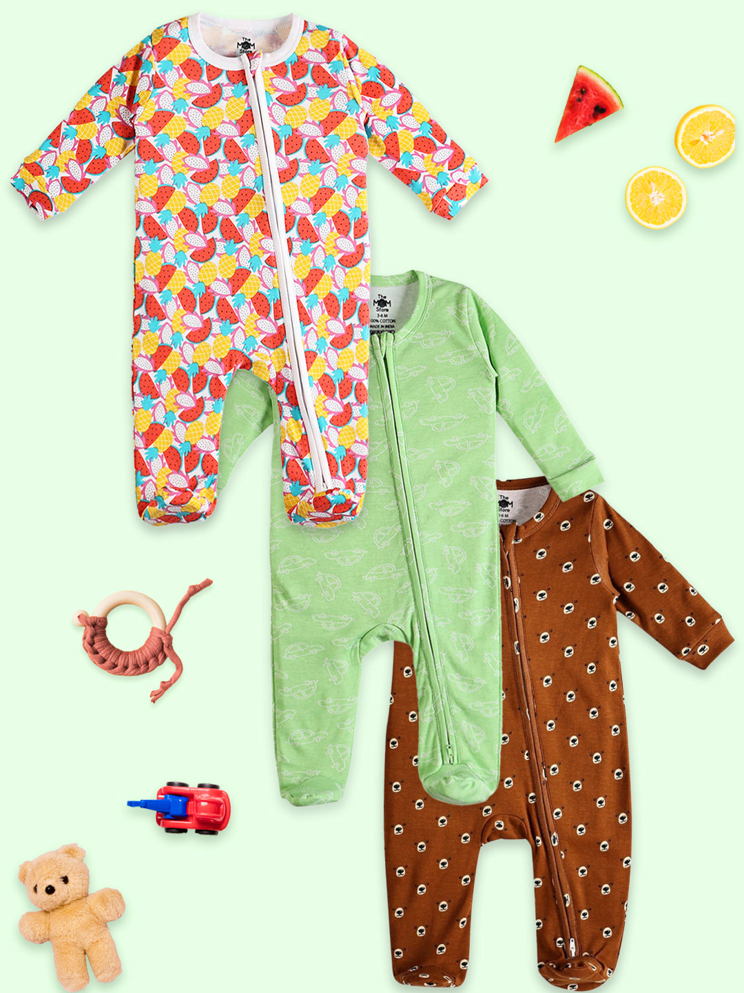 Zipper Romper Combo of 3: Beary Best-Fruitilicious-Vroom Vroom