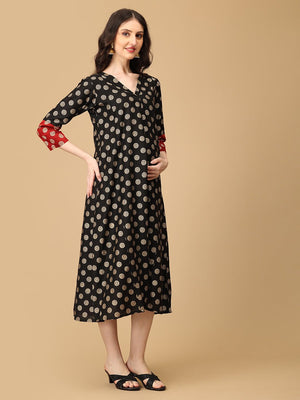 Aab - e - Siyah Silk Foil Printed Maternity and Nursing Dress - MEW - SK - ABESI - S