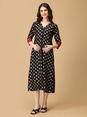 Aab - e - Siyah Silk Foil Printed Maternity and Nursing Dress - MEW - SK - ABESI - S