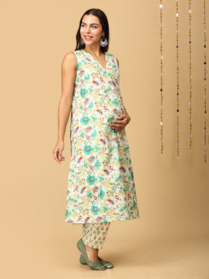 Aabha Maternity and Nursing Sleeveless Kurta Set With Dupatta - MEW - SK - AABH - S