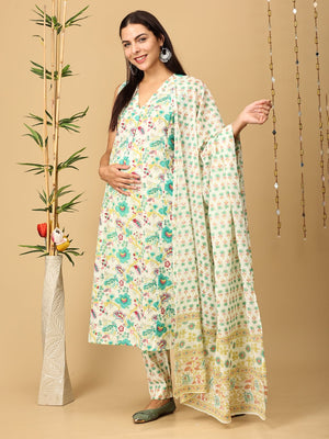 Aabha Maternity and Nursing Sleeveless Kurta Set With Dupatta - MEW - SK - AABH - S