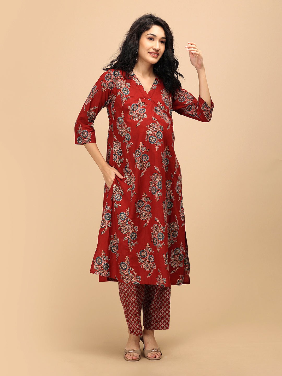 Aafreen Maternity and Nursing Anarkali Kurta Set full front look with anarkali silhouette and pockets.