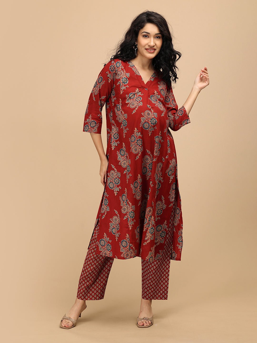 Aafreen Maternity and Nursing Anarkali Kurta Set front angle view highlighting maternity fit and print.