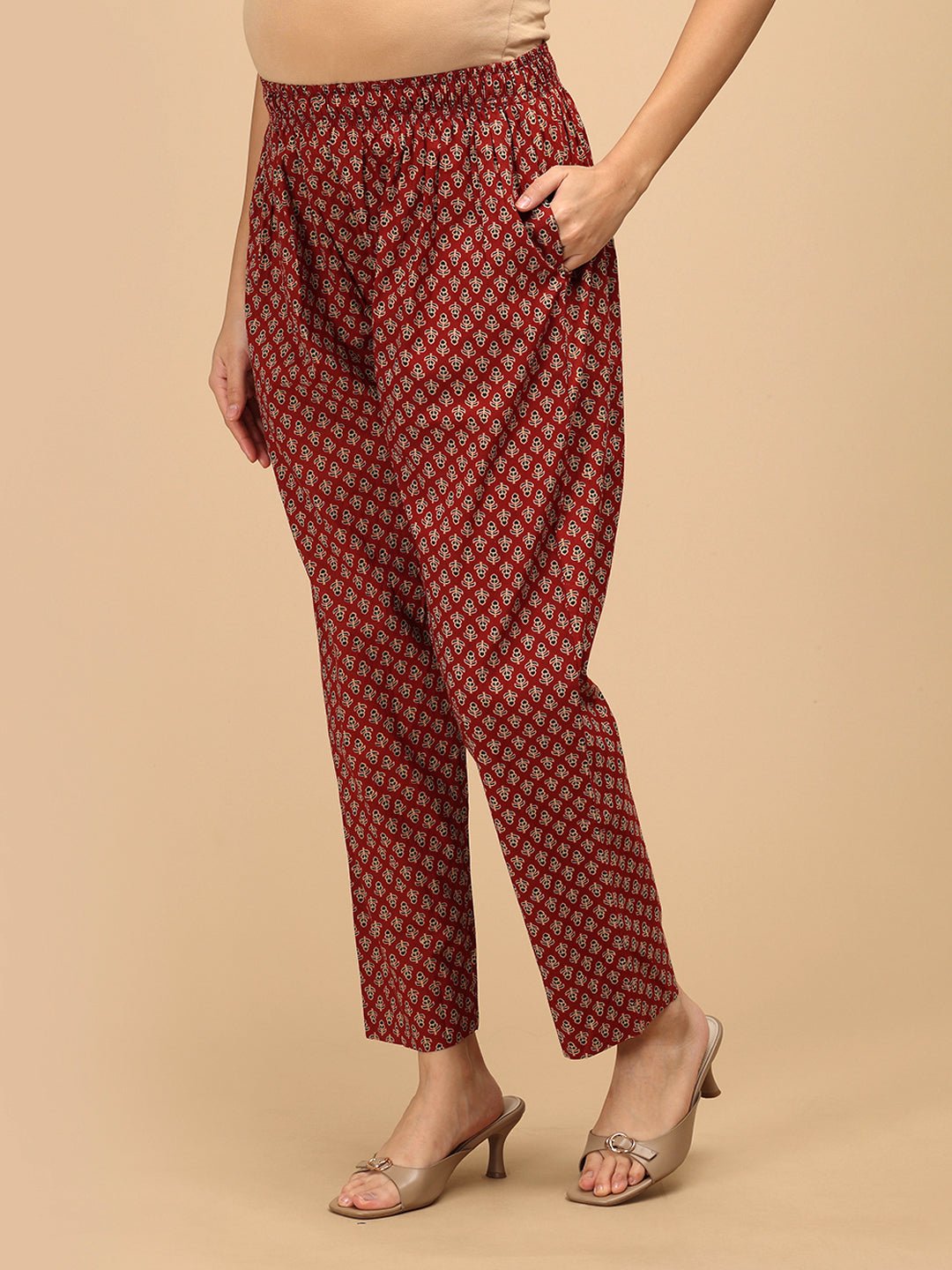 Aafreen Maternity and Nursing Anarkali Kurta Set red printed maternity pants side view.