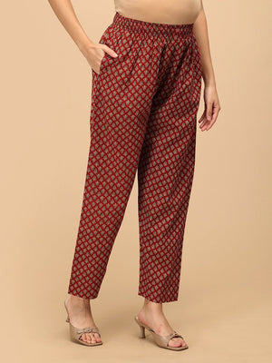 Aafreen Maternity and Nursing Anarkali Kurta Set red printed maternity pants side view.