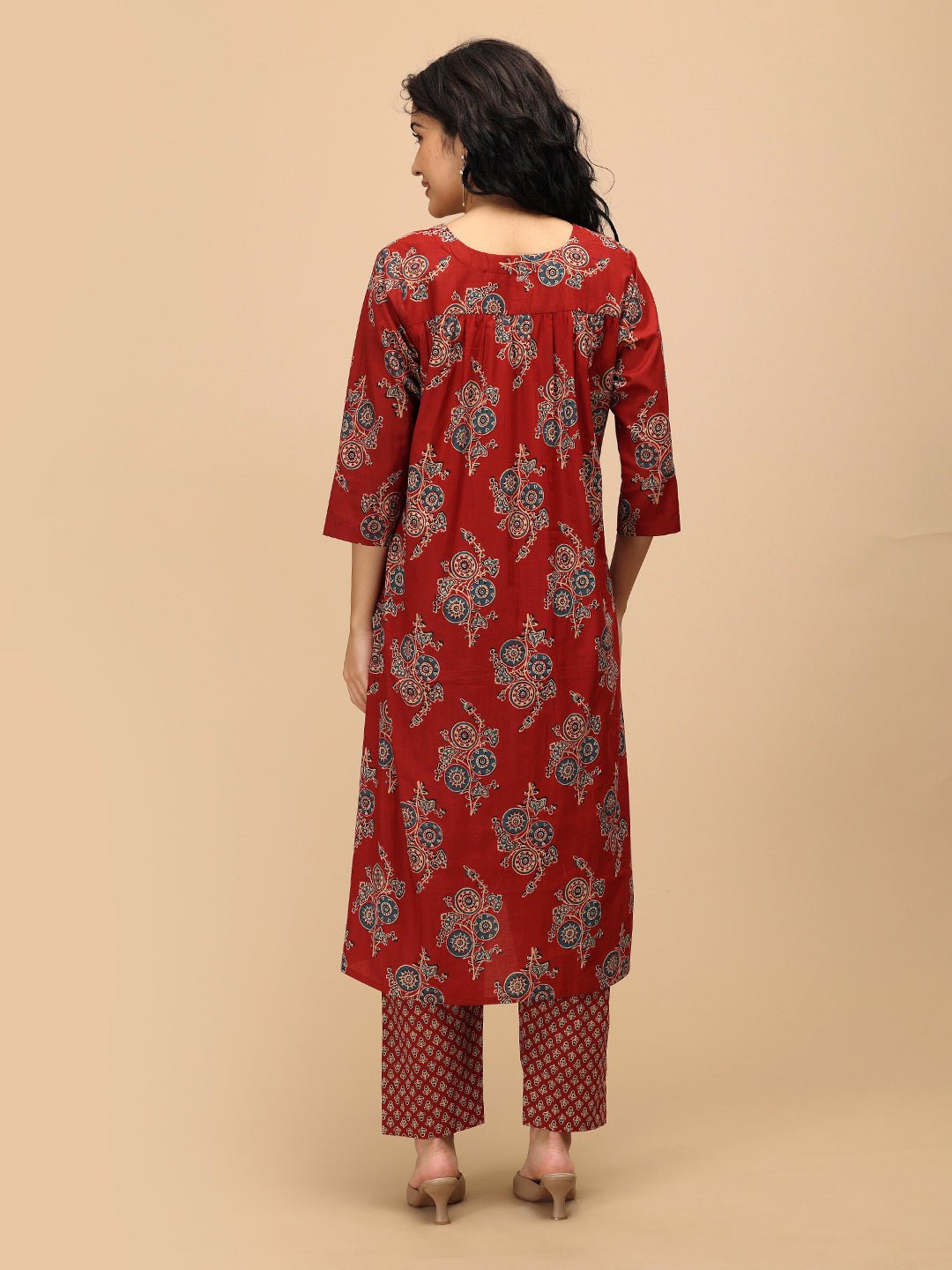 Aafreen Maternity and Nursing Anarkali Kurta Set back view with printed straight pants.