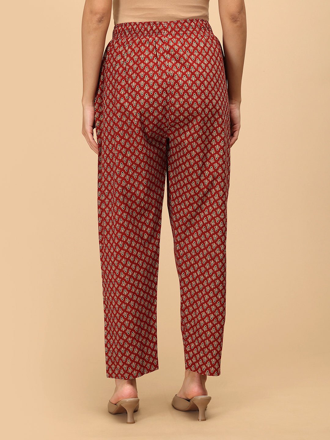 Aafreen Maternity and Nursing Anarkali Kurta Set red printed maternity pants back view.