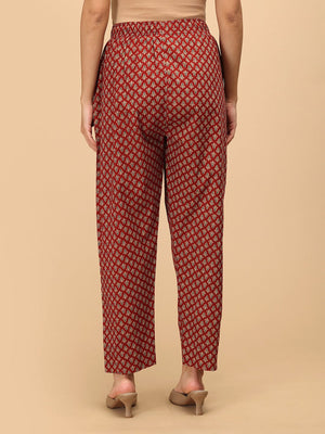 Aafreen Maternity and Nursing Anarkali Kurta Set red printed maternity pants back view.