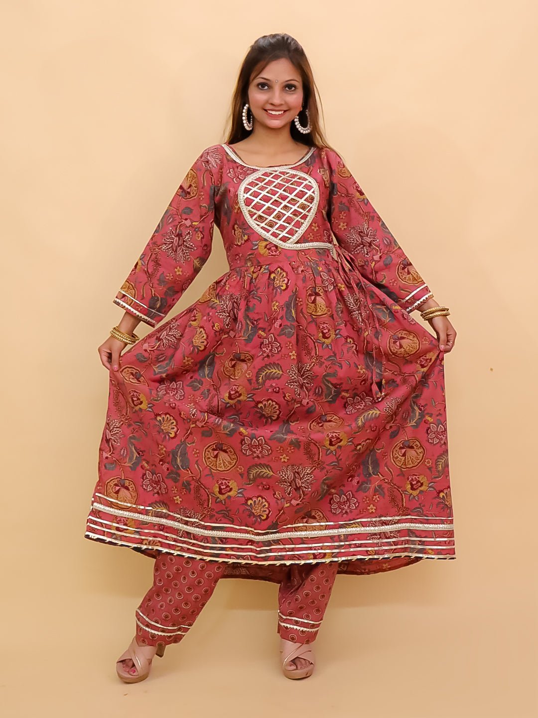 Aangan Aabha Block Print Anarkali Kurta Set - WES - SC - ANGN - S