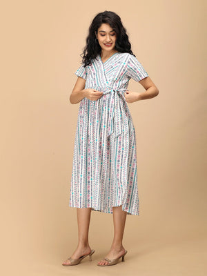 Aarohi Block Bloom Maternity and Nursing Dress ‚Äì close-up of the wrap neckline and block bloom print fabric.