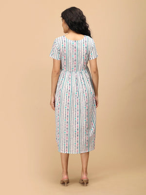 Aarohi Block Bloom Maternity and Nursing Dress ‚Äì back view showing gathered waist and midi length hem.