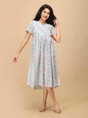 Aarohi Block Bloom Maternity and Nursing Dress ‚Äì front view of a white printed wrap-style midi dress with short sleeves.