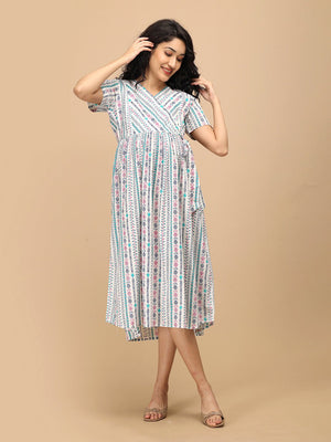 Aarohi Block Bloom Maternity and Nursing Dress ‚Äì full-length view of the printed nursing-friendly maternity dress