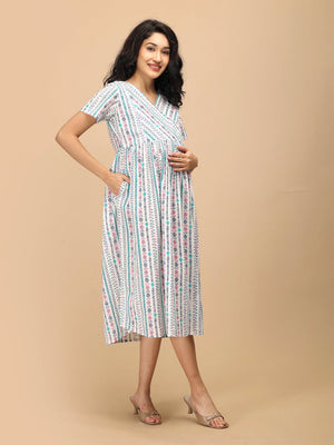 Aarohi Block Bloom Maternity and Nursing Dress ‚Äì side view highlighting hidden pockets and relaxed silhouette.