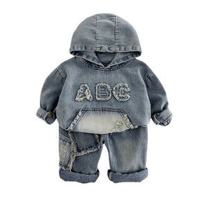 ABC Ripped Denim Hoodie with Pants for Kids - 1 - 2 Years Winter Wear