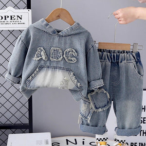 ABC Ripped Denim Hoodie with Pants for Kids - 1 - 2 Years Winter Wear