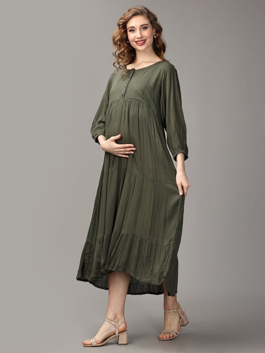Aber-Green Tiered Maternity and Nursing Dress - DRS-SD-GRN-S