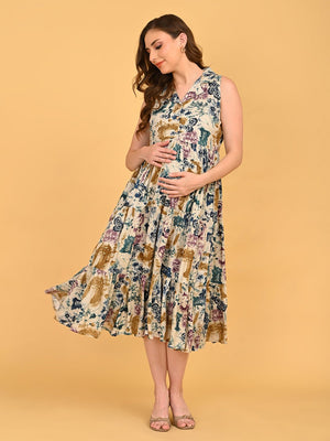 Abstract Flora Maternity and Nursing Dress in flowy tiered silhouette with abstract floral print.