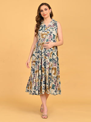 Abstract Flora Maternity and Nursing Dress styled for maternity with comfortable flared hem.