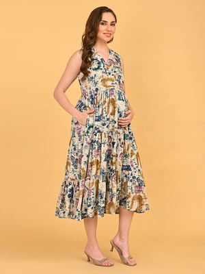 Full-length view of Abstract Flora Maternity and Nursing Dress with abstract floral pattern and midi length.