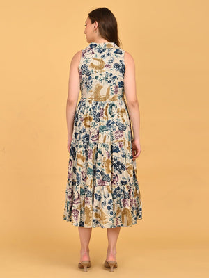 Back view of Abstract Flora Maternity and Nursing Dress featuring tiered design and relaxed fit.