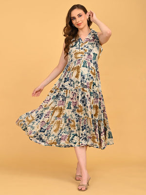 Full front view of Abstract Flora Maternity and Nursing Dress featuring sleeveless design and tiered silhouette.