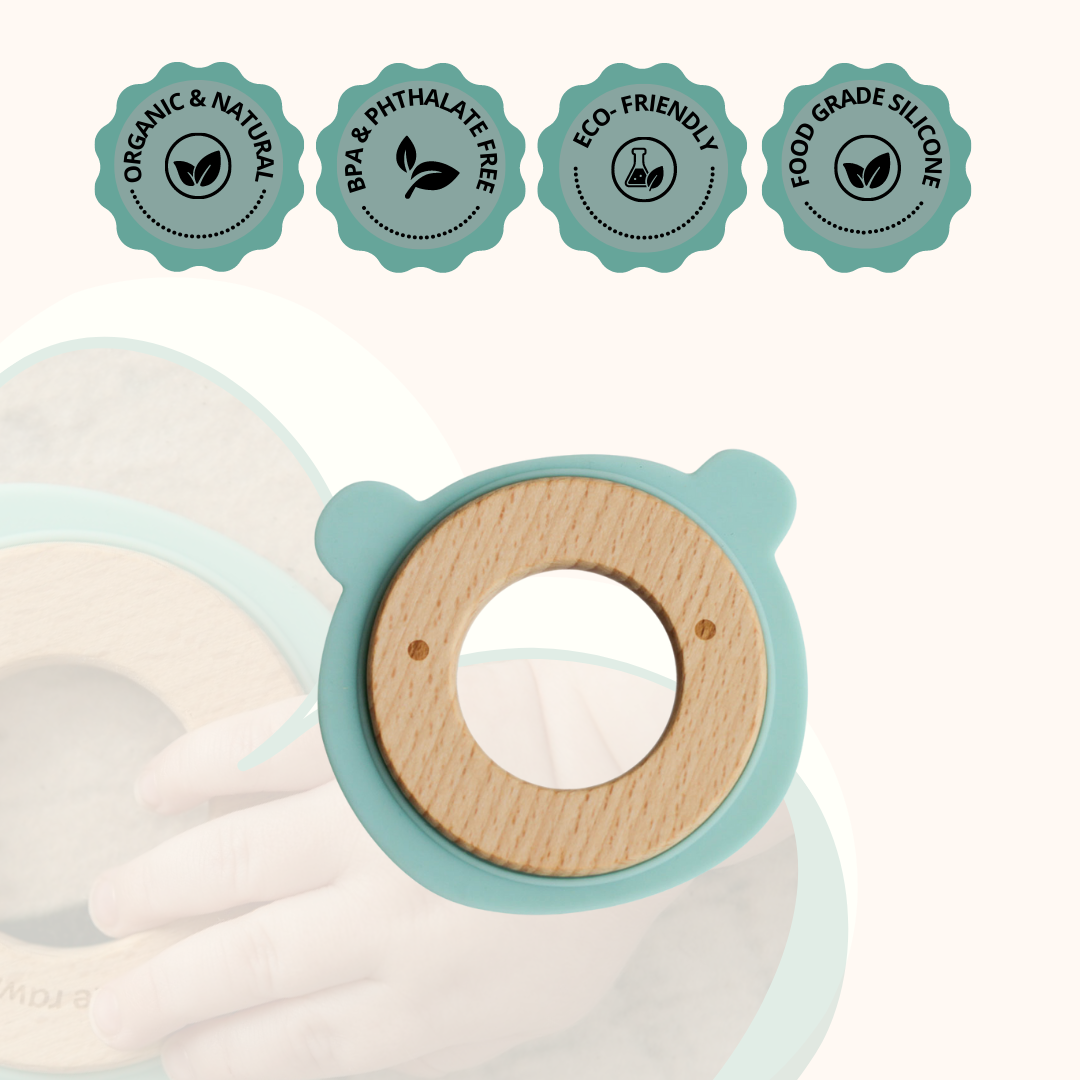 Little Rawr Wood + Silicone Disc Teether- Bear Blue